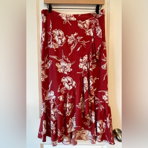 Zara Skirts Zara Floral Wrap Midi Skirt Linen Blend Size S Red